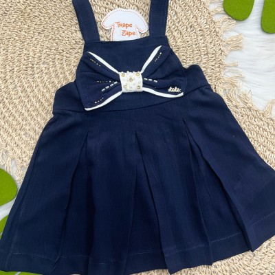 Conj. Blusa e Salopete Laço e Pedras Marinho e Branco